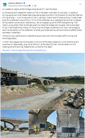 Screenshot of Facebook post from August 25, 2023 that describes recent construction on Route 211's Fernbridge following a series of earthquakes in late 2022 and early 2023.