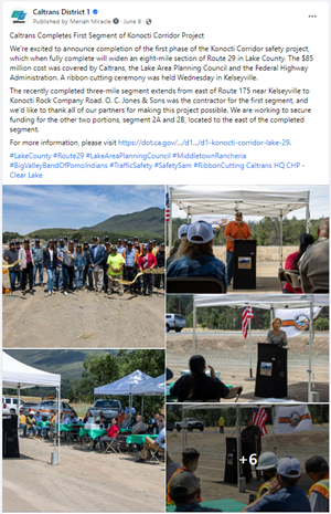 Screenshot of Facebook post celebrating the completion of the Konocti Corridor project in Lake County. 