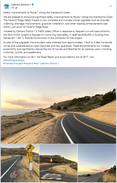 Screenshot of social media post on the navarro ridge safety project completion in october 2024.