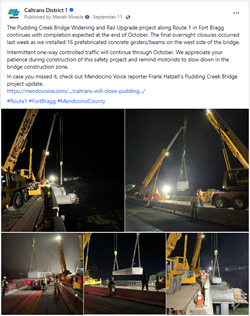 Screenshot of Facebook post regarding construction of the Pudding Creek Bridge.