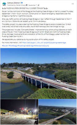 Screenshot of Facebook post regarding construction of the Pudding Creek Bridge.