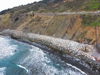 The revetment work along the Pacific Ocean is part of the Westport Landslide Complex project.