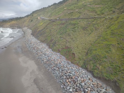 Nearly 200,000 tons of boulders line the beach beneath State Route 1 in Mendocino County.