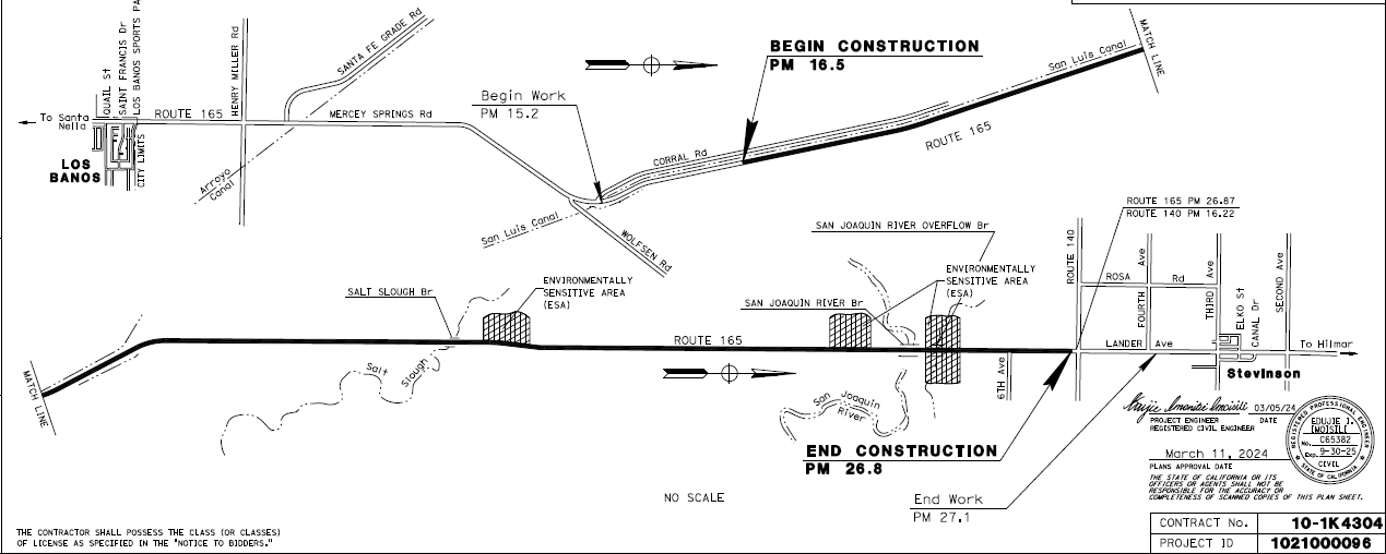 Pavement Rehabilitation Project Map on State Route 165 From Wolfsen Road to State Route 140 in Merced County