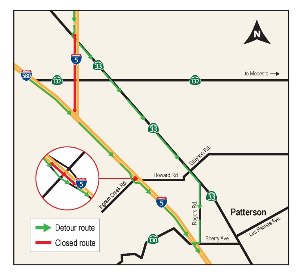 Location Image of 55-Hour, Full Closure of Southbound Interstate 5 at Ingram Creek Road in Westley Map