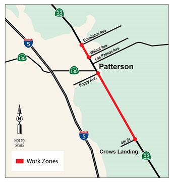 Pavement project on State Route 33 spanning from Crows Landing through Patterson