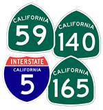 State Route 59, 140, 165, and Interstate 5 Highway shields