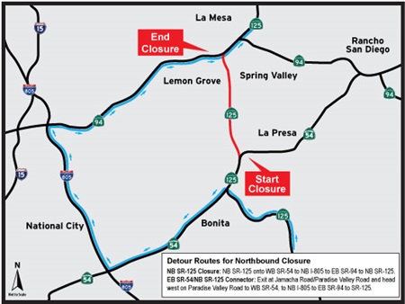Map showing the closure area and detour. For more information, call (619) 688-6670 or email CT.Public.Information.D11@dot.ca.gov