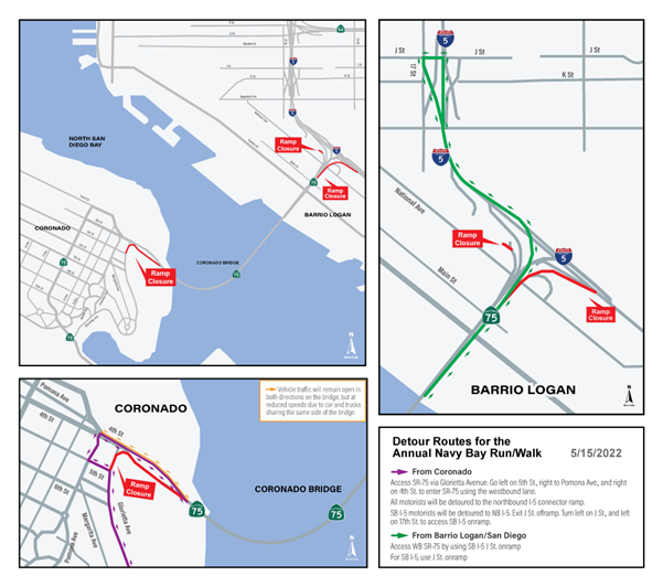 Map of the closures and detours. For more information, call (619) 688-6670 or email CT.Public.Information.D11@dot.ca.gov