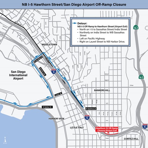 Map showing the proposed detour for the northbound I-5 Hawthorn St/San Diego Airport Closure. For more information, call (619) 688-6670 or email CT.Public.Information.D11@dot.ca.gov