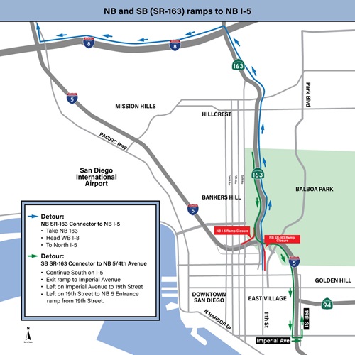 Map showing the proposed detour for the northbound SR-163/I-5 closure. For more information, call (619) 688-6670 or email CT.Public.Information.D11@dot.ca.gov