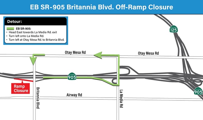 Eastbound SR-905/ Britannia Blvd. Off-ramp Closure Map. For more information, call (619) 688-6670 or email CT.Public.Information.D11@dot.ca.gov
