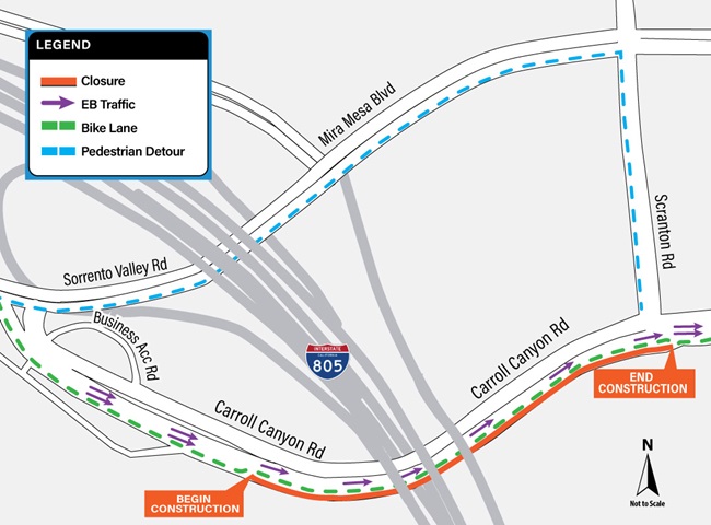 Map showing the detours and construction zone for the project. For more information, call (619) 688-6670 or email CT.Public.Information.D11@dot.ca.gov