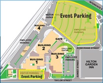 Map showing the location of the parking location for the event attendees. For more information, call (619) 688-6670 or email CT.Public.Information.D11@dot.ca.gov