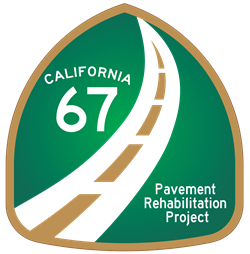 SR-67 Pavement Rehabilitation Project Logo. For more information, call (619) 688-6670 or email CT.Public.Information.D11@dot.ca.gov