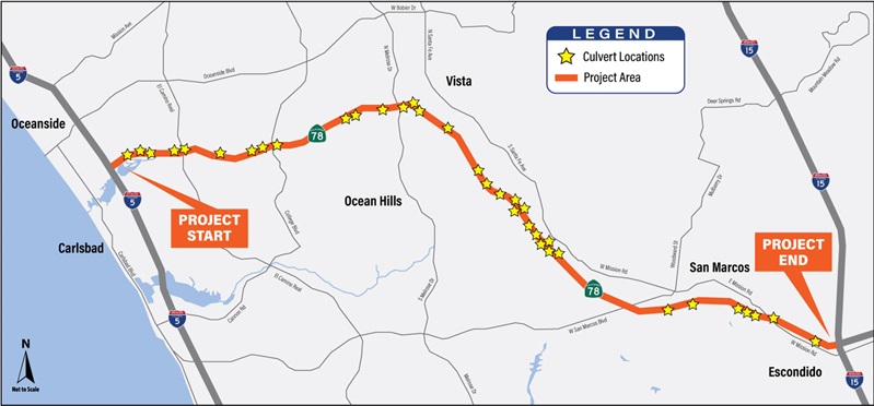 Map showing the project area and culvert locations. For more information, call (619) 688-6670 or email CT.Public.Information.D11@dot.ca.gov