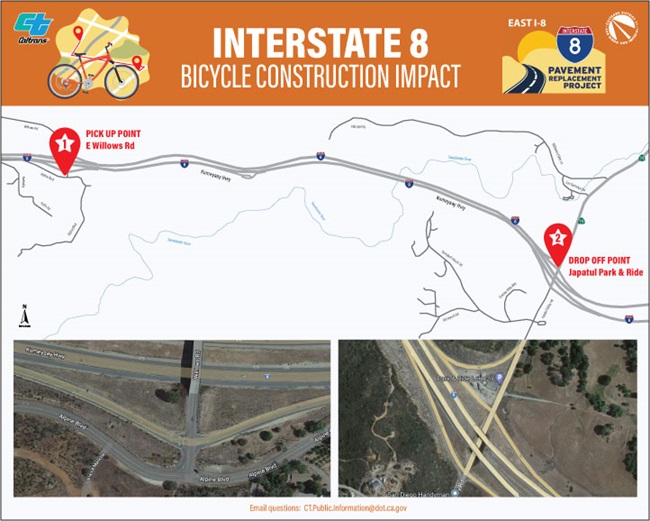 This map shows the shuttle pick up and drop off points. For more information, call (619) 688-6670 or email CT.Public.Information.D11@dot.ca.gov