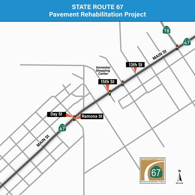 Map showing the location of the construction work. For more information, call (619) 688-6670 or email CT.Public.Information.D11@dot.ca.gov