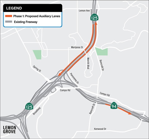 Map of freeways 125 and 94 intersecting
