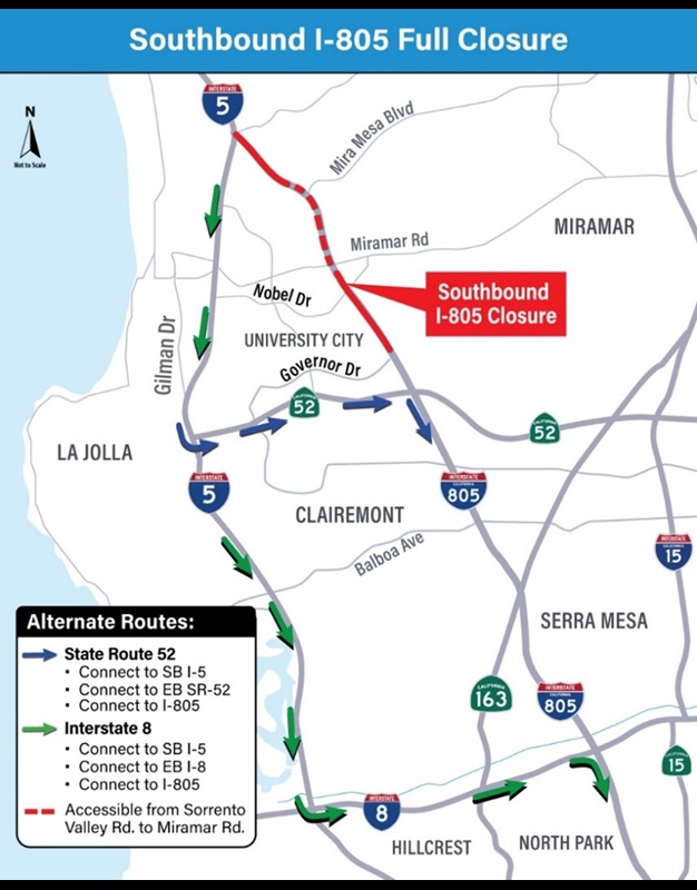 Mapa de cierres y desviaciones. Para obtener más información, llame al (619) 688-6670 o envíe un correo electrónico a CT.Public.Information.D11@dot.ca.gov