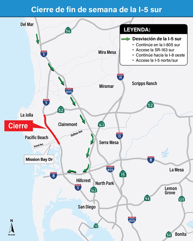 Mapa de cierres y desviaciones. Para obtener más información, llame al (619) 688-6670 o envíe un correo electrónico a CT.Public.Information.D11@dot.ca.gov