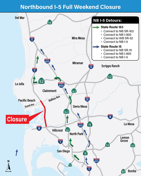 Closure & Detour Map. For more information, call (619) 688-6670 or email CT.Public.Information.D11@dot.ca.gov 