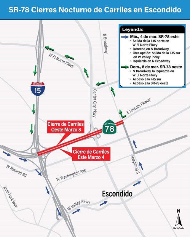 Mapa de cierres y desviaciones. Para obtener más información, llame al (619) 688-6670 o envíe un correo electrónico a CT.Public.Information.D11@dot.ca.gov 