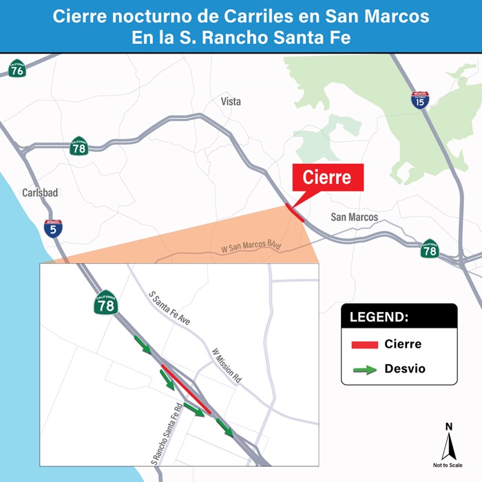 Mapa de cierres y desviaciones. Para obtener más información, llame al (619) 688-6670 o envíe un correo electrónico a CT.Public.Information.D11@dot.ca.gov