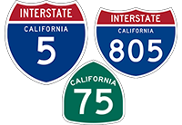California Interstate 5, 805 and State Route 75 shields