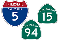 California Interstate 5, State Route 15 and 94 shieldss