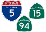 California Interstate 5, State Route 15 and 94 shieldss
