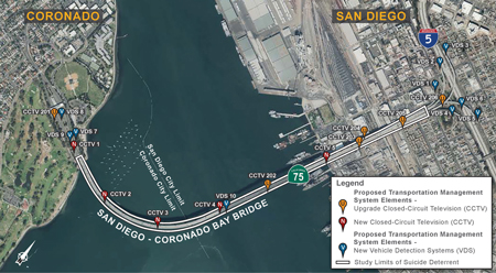 Aerial image of the project limits of the San Diego – Coronado Bay Bridge Suicide Deterrent Project. For more information contact D11.CoronadoBridge.ED@dot.ca.gov