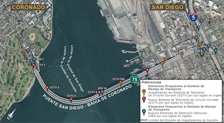 Imagen aérea de los límites del Proyecto de Impedimento de Suicidios del Puente San Diego - Bahía de Coronado. Para más información contacte al D11.CoronadoBridge.ED@dot.ca.gov