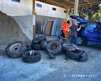 Pile of discarded tires. For more information, call (619) 688-6670 or email CT.Public.Information.D11@dot.ca.gov