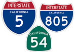 California Interstates 5 and 805, and SR-54 shields