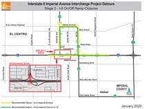 3.	I-8 Imperial Detour Stage 2. Stage 2 of the project will include closing westbound I-8/Imperial Avenue on and off-ramps for the remainder of the project, six to eight months. There will be no access from eastbound/westbound Interstate 8 to Imperial Avenue and no access from Imperial Avenue to eastbound/westbound Interstate 8. A portion of Imperial Avenue will be closed adjacent to the intersection with no through-access northward or southward of the closure. Motorists on Interstate 8 will be detoured along 4th Street/State Route 86 located east of Imperial Avenue. For more information call (619) 688-6670 or email CT.Public.Information.D11@dot.ca.gov