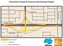 4.	I-8 Imperial Interchange Project Map. The Interstate 8 Imperial Interchange Project Map shows the perimeters of the project along one mile of Interstate 8 at the Imperial Avenue interchange and a segment of Imperial Avenue from Ocotillo Drive to the north of the interchange, to the end of Imperial Avenue just south of Interstate 8. Southbound Imperial Avenue will end at a dead-end with a barricade in preparation for future expansion by the City of El Centro. The Interstate 8 Imperial Avenue Interchange project will remove the existing bridge and eastbound on and off-ramps. The project will reconstruct the eastbound and westbound Interstate 8 on and off-ramps at Imperial Avenue and will include an entrance loop ramp at the southwest quadrant of the interchange. The westbound Interstate 8 on and off-ramps at Imperial Avenue will have a traffic signal and safety lighting improvements. For more information call (619) 688-6670 or email CT.Public.Information.D11@dot.ca.gov