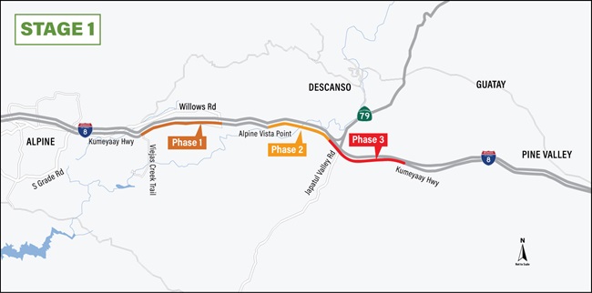 Stage 1 work locations map. For more information, call (619) 688-6670 or email CT.Public.Information.D11@dot.ca.gov