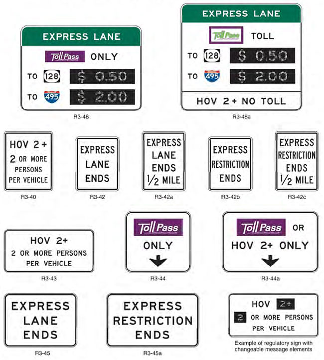 Figure 2G-17 – Regulatory Signs for Managed Lanes. For more information call (619) 688-6670 or email CT.Public.Information.D11@dot.ca.gov