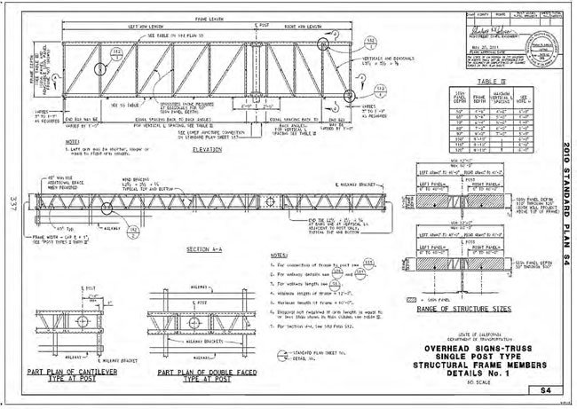 2010 Standard Plan S4 – Overhead Signs-Truss Single Post Type Structural Frame Members Details No. For more information call (619) 688-6670 or email CT.Public.Information.D11@dot.ca.gov