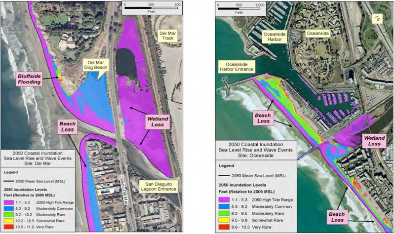 Figure 3-5: Year 2050 Inundation Simulations for Del Mar Beach (left) and Oceanside Beach (right) – Source: Messner et al. 2008. For more information call (619) 688-6670 or email CT.Public.Information.D11@dot.ca.gov