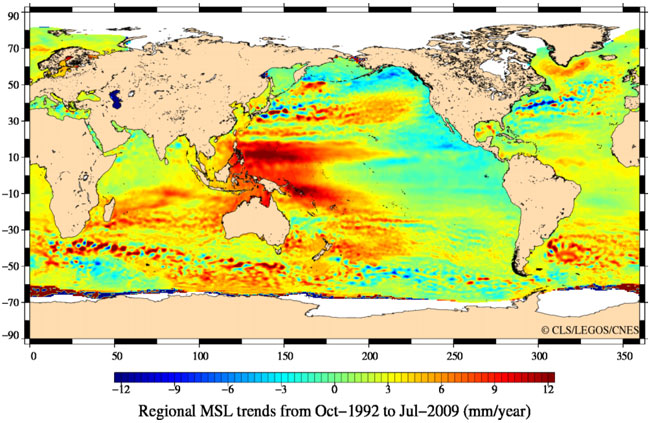 Figure 5-5: Global Sea Level Trends from Satellite Altimetry, October 1992 to July 2009. For more information call (619) 688-6670 or email CT.Public.Information.D11@dot.ca.gov