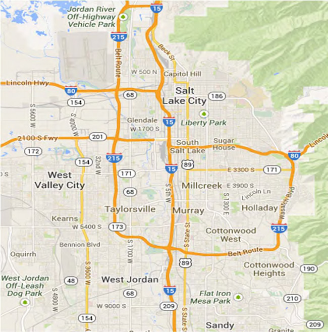 Figure 5-1: I-15 Route Through Salt Lake County. Source: Google Maps. For more information call (619) 688-6670 or email CT.Public.Information.D11@dot.ca.gov