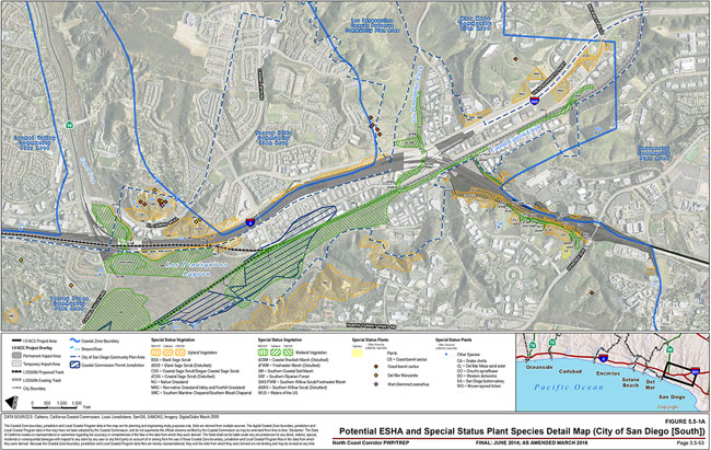 Figure 5.5-1A: Potential ESHA and Special Status Plant Species Detail Map (City of San Diego [South]). For more information call (619) 688-6670 or email CT.Public.Information.D11@dot.ca.gov