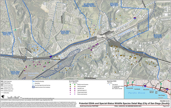 Figure 5.5-1C: Potential ESHA and Special-Status Wildlife Species Detail Map (City of San Diego [South]). For more information call (619) 688-6670 or email CT.Public.Information.D11@dot.ca.gov