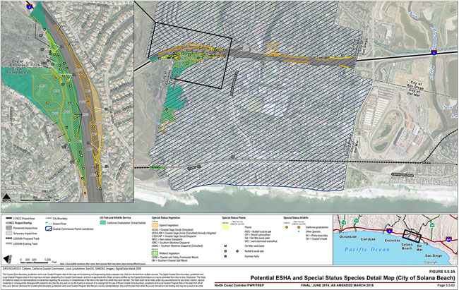 Figure 5.5-3A: Potential ESHA and Special Status Species Detail Map (City of Solana Beach). For more information call (619) 688-6670 or email CT.Public.Information.D11@dot.ca.gov