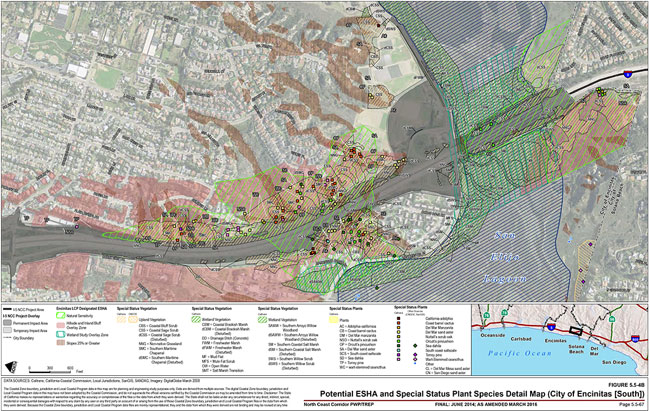 Figure 5.5-4B: Potential ESHA and Special Status Plant Species Detail Map (City of Encinitas [South]). For more information call (619) 688-6670 or email CT.Public.Information.D11@dot.ca.gov