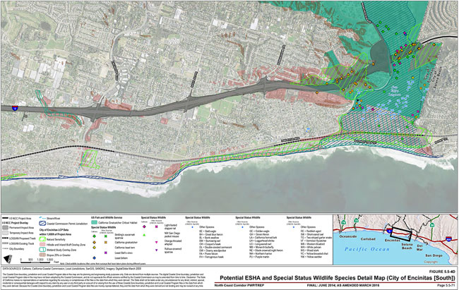 Figure 5.5-4D: Potential ESHA and Special Status Wildlife Species Detail Map (City of Encinitas [South]). For more information call (619) 688-6670 or email CT.Public.Information.D11@dot.ca.gov
