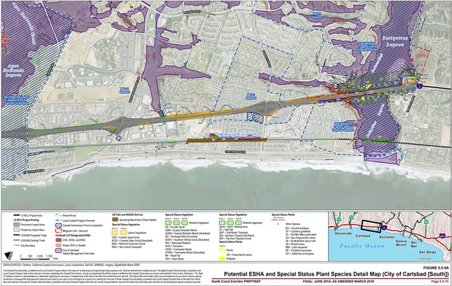 Figure 5.5-5A: Potential ESHA and Special Status Plant Species Detail Map (City of Carlsbad [South]). For more information call (619) 688-6670 or email CT.Public.Information.D11@dot.ca.gov