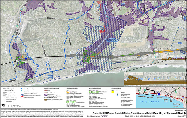 Figure 5.5-5B: Potential ESHA and Special Status Plant Species Detail Map (City of Carlsbad [North]). For more information call (619) 688-6670 or email CT.Public.Information.D11@dot.ca.gov